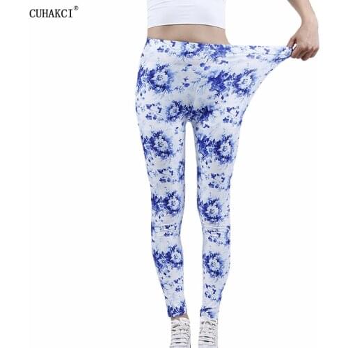 CUHAKCI New Fashion White Floral Print Leggings Women Fitness High Waist Elastic Workout Leggins Sport Running Pants Push Up