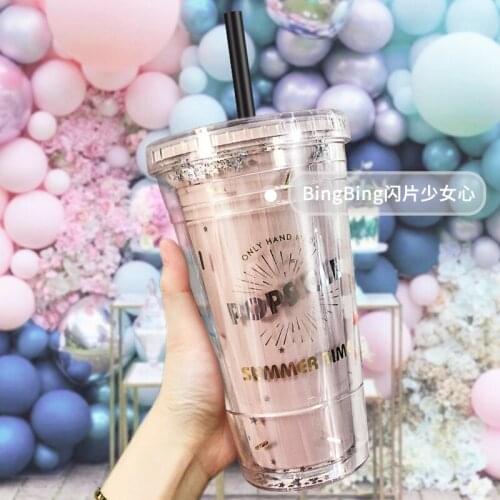 Summer high value online celebrity sequined girl double straw cup portable plastic cup large capacity water cup
