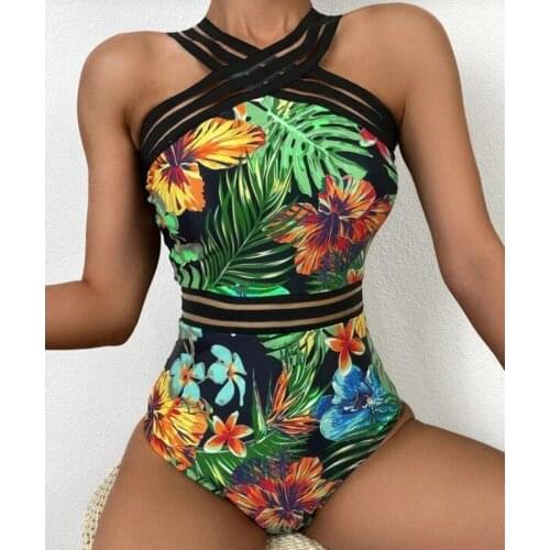 Leaf Print 1 Piece Striped Halter Swimsuit Womens Sexy Flower Swimsuit Sleeveless High Waist Swimwear Tight V-neck Suit