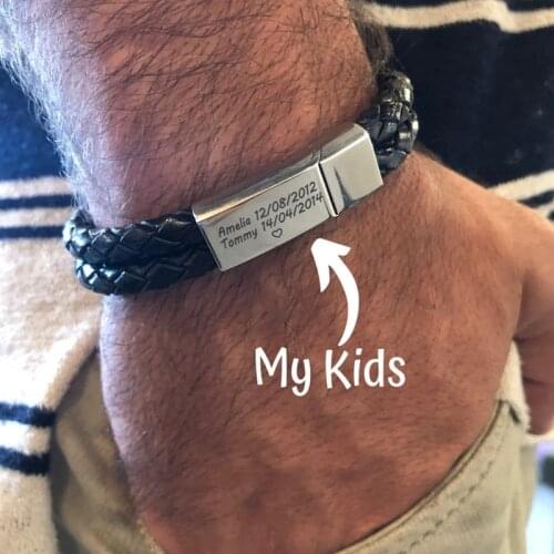 Personalized Custom ID Name Stainless Steel Bracelets Magnetic Buckle Braided Rope Genuine Leather Men Bracelet Birthday Gift