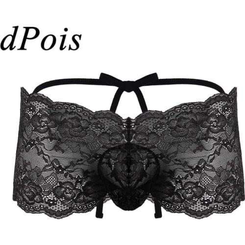 DPOIS Sexy Panties Mens Lace Perspective Sheer Bandage Underwear Man Lingerie Low Rise Sissy Bikini Briefs Plus Size Underpants