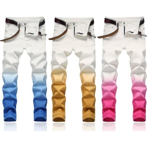 2021 Men’s High Street Fashion Color Match Printed Denim Pants,Stretch Straight&Slim Fit Washed Jeans,Yong Guys Must