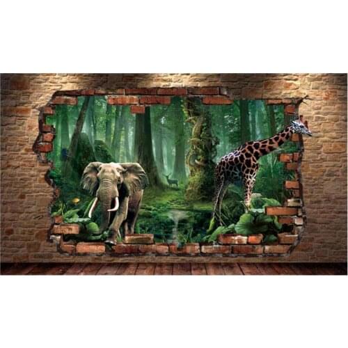 Custom mural 3d photo wallpaper Animal world elephant giraffe brick wall home decor living room wallpaper for walls 3 d in rolls