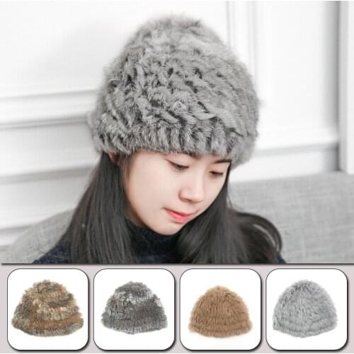 Winter Hand-Knitted Real Rabbit Fur Hat For Women Men Natural Warm Genuine Rabbit Fur Caps Russia Unisex Skullies Caps