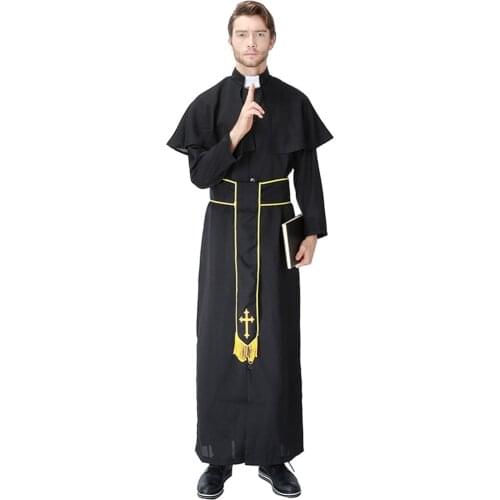 Novelty Mens Catholic Priest Costume Vicar Missionary Halloween Robe Fancy Dress Theme Party Set