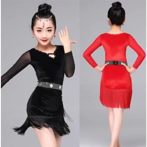 Tassel latin dance dress for girls latin salsa kids ballroom skirts dresses samba tango cha cha kids Velvet fringe costume