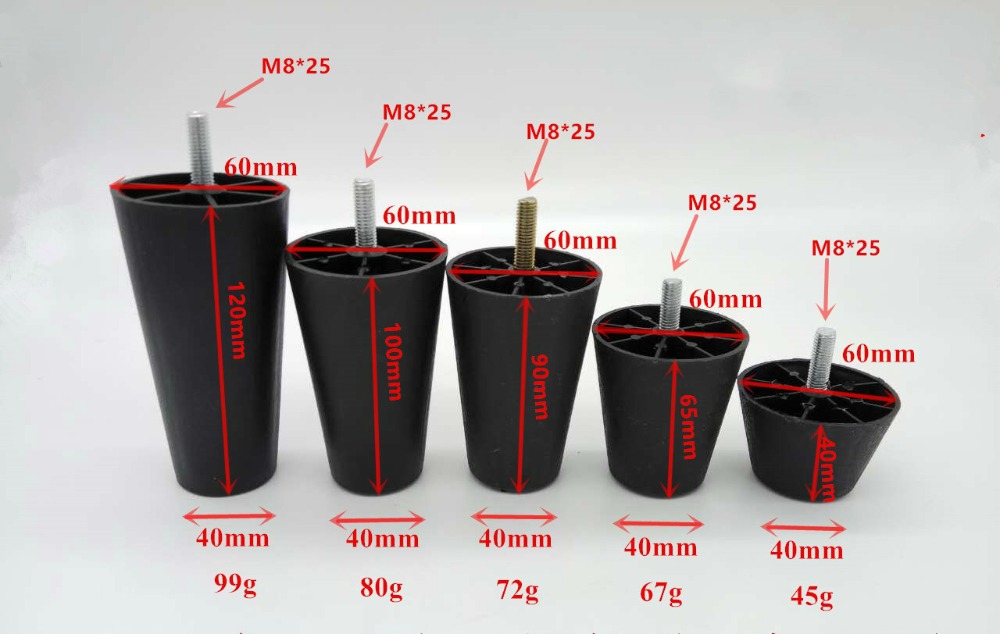 4pcs Round Tapered Black Plastic Furniture Legs Feet with Mounting Plates M8*25 Thread Shank for Sofa and Chair 4 to12cm height