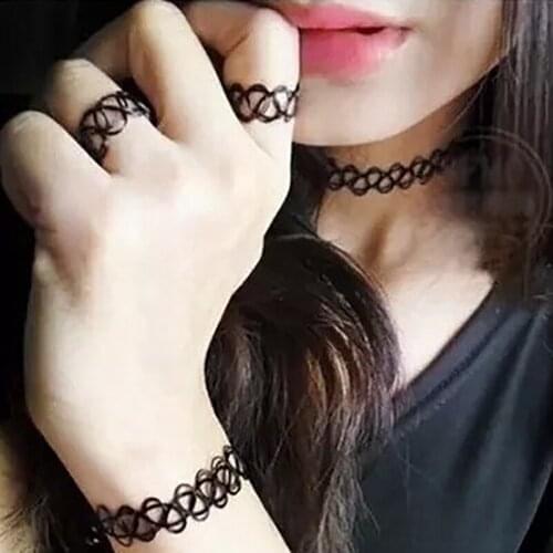3PCS Fishline Choker Necklace Set Stretch Tattoo Necklace with Bracelet and Finger Ring Elastic Hollow Chocker Jewellery