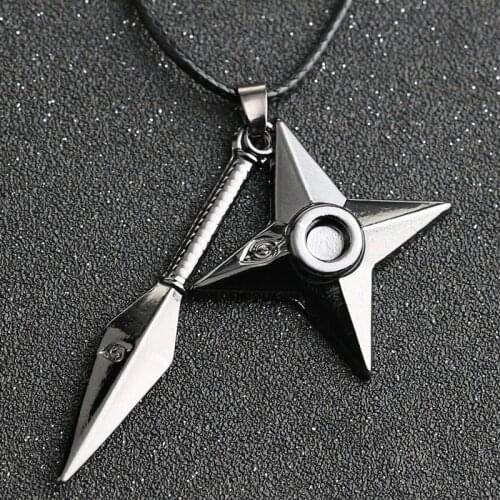 Kunai Dart Necklace Shuriken Weapon Konoha Logo Uzumaki Itachi Sasuke Pendant Leather Rope Ninja Cosplay Anime Jewelry Wholesale