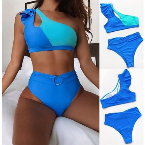 Sexy Ruffled One Shoulder Push Up Bikinis Women Bandeau Swimwear Splicing High Waisted Bathing Suits Patchwork Beach Swimsuit