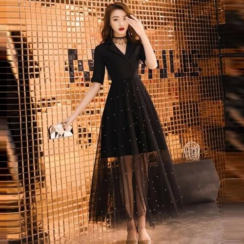 Bridesmaids Dresses Vintage V-Neck Short A-Line Pearls Tulle Lace Floor-Length Luxury Black Elegant Lady Wedding Party Gown E764