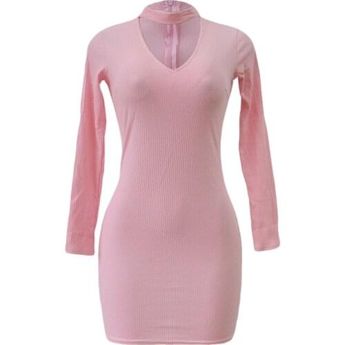 Long sleeved V collar dress, winter new and hip V collar tight dress