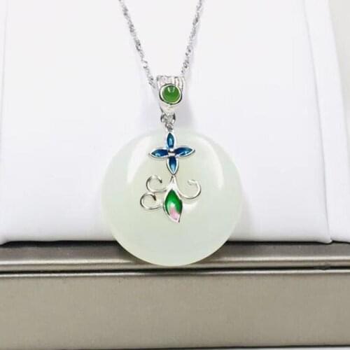 Natural Hetian White Jade 925 Silver Peace Buckle Pendants Fine Jewelry Women Party Necklace