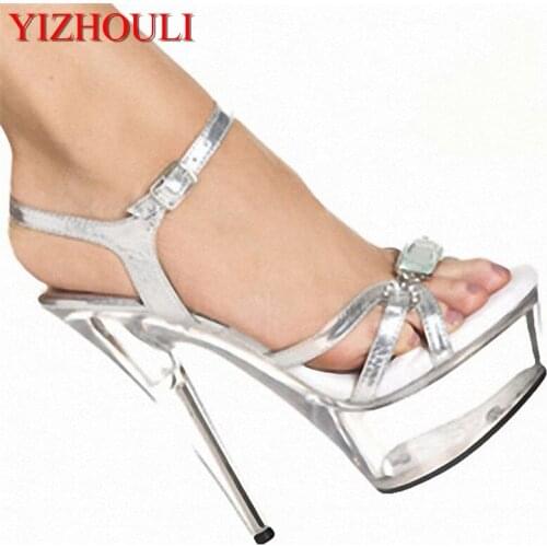 15cm Fashion sexy noble fashion silver thin belt black sandals set auger shoes model shows High Heel Shoe