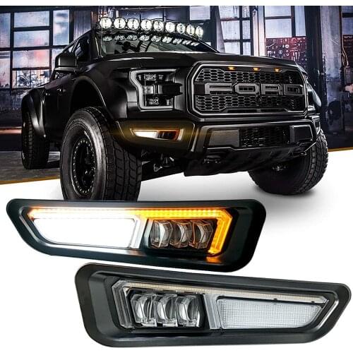 LED White Daytime Running Light Amber Sequential Turn Signal Front Fog Lamps 2pcs Compatible For Ford-F150 Raptor 2017 2018 2019