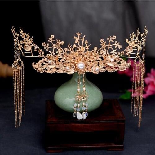 Traditional Chinese Golden Imitation Pearls Crystal Hairpin Head Jewelry Bridal Headdress Accessories