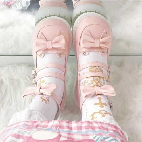 Lolita Round Toe Cute Low-heeled Women Lolita Sweet Girl Cosplay Anime Shoes Kawaii Bowknot Fashion Buckle Flats Platform Shoes