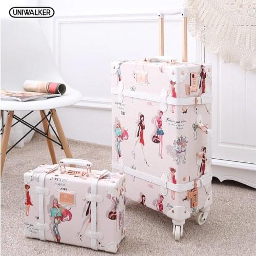 UNIWALKER 20" - 26" Fashion Girl Retro Rolling Luggage Bagages Pu Leather Suitcase Trunk Vintage Valiz Spinner Wheels Trolley