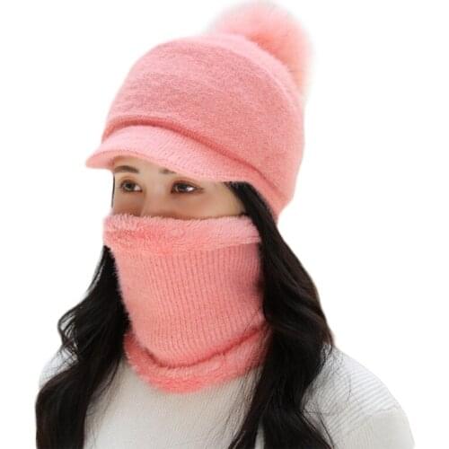 Women Winter 2 Pieces Set Pompom Visor Beanie Hat with Circle Scarf Knitted Thicken Plush Lined Skullies Baseball Cap Cycling Wi