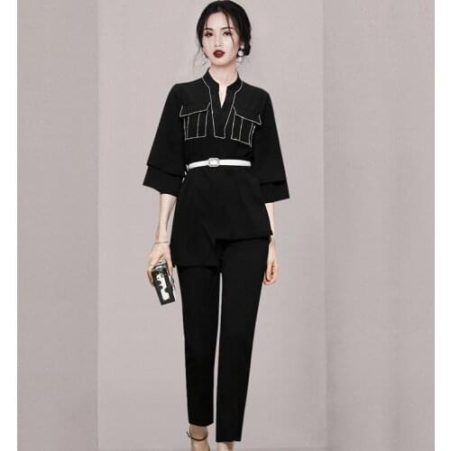 Elegant Women 2 Piece Sets 2021 Autumn Fashion Black Dimond Beaded irregular Top With Belt + Office OL Pencil Pants Suit