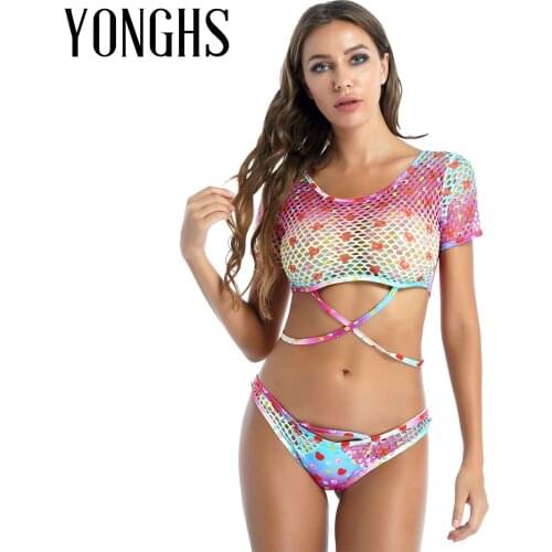 Womens Sexy Bathing Suit Fashion Print Hollow Out Mesh Lingerie Sets Round Neck Short Sleeve T-shirt Tops with Low Waist Briefs