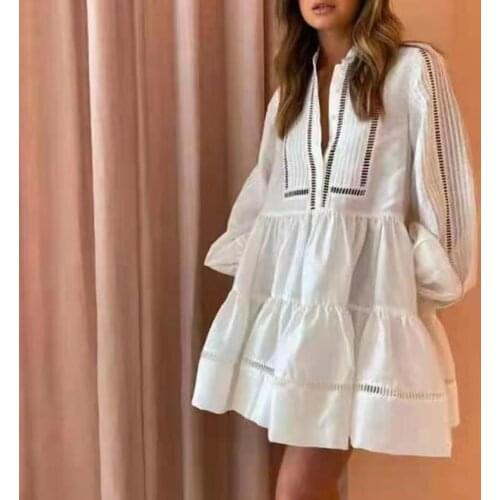 2021 Autumn New 100% Cotton Dress Women White Black Lantern Sleeve Single Breasted Holiday Dresses