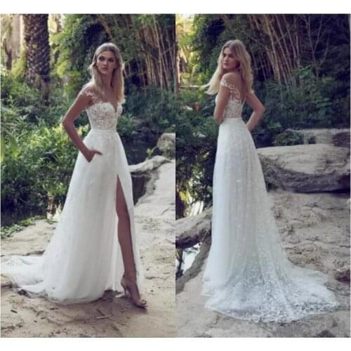 Latest Wedding Dresses Illusion Off Shoulder Court Train Backless Garden Beach Bridal Gown Lace Applique A Line Vestido De Noiva