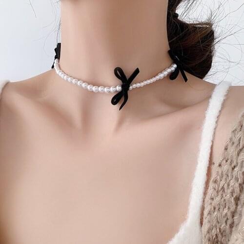 U-Magical French Vintage Black Color Bowknot Pearl Chokers Necklace for Women Luxury Beaded Wedding Necklace Jewelry Accessories