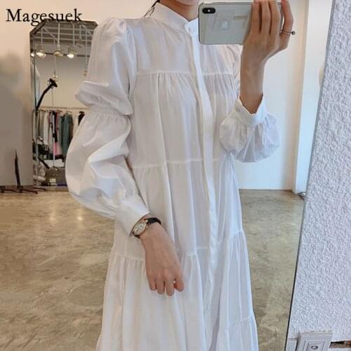 Vestidos New Arrival Stand Collar Long Sleeve White Dress Women Plus Size Long Dress A Line Vintage Dresses Korean Style 14390