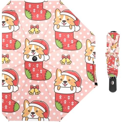 Merry Christmas Corgi Umbrella Fully Automatic Reinforced Umbrellas Three Folding Male Female Umbrella Rain Women Windproof
