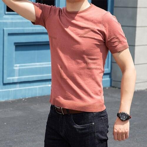 2021 summer new mens high-end brand ice silk short-sleeved T-shirt mens solid color round neck slim knit jacquard T-shirt tops