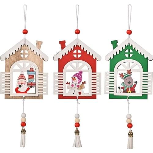 3 Colors Christmas Tree Decoration Wooden House with Window Tassel Pendant Christmas Decoration for Home 2022 Christmas Ornament