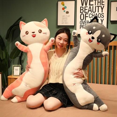 70/100cm Kawaii Long Pink Cat & Husky Plush Toys Cartoon Animal Dog Plush Pillow Stuffed Cushion Children Girls Birthday Gifts