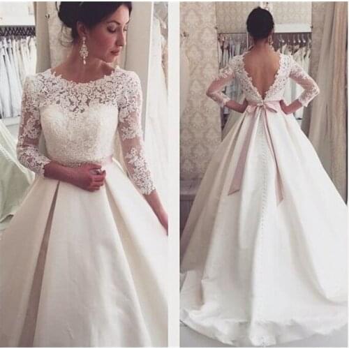 Ball Gown 3/4 Sleeve Backless Satin Wedding Dress Lace Floor Length Court Train Bridal Gown White Ivory Custom Make