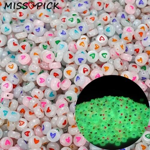 100pcs Acrylic Luminous Beads Round Flat Heart Loose Spacer Beads for Jewelry Making DIY Bracelet Necklace Accessories Wholesale