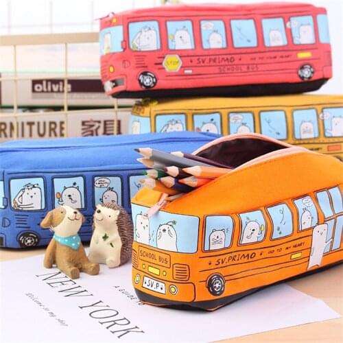 Large Capacity Pencil Case Cartoon Bus Canvas Pencilcase Student Pen Holder Supplies Pencil Bag School Box Pouch Stationery