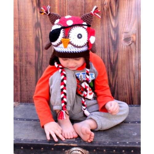 Crochet Childrens cartoon Pirates owls and eye patch Hats ,baby Beanies caps ,newborn crochet Photography prop cotton-red,brown