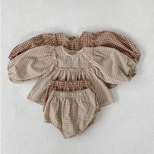 INS Baby Girls Clothes Little Plaid Infant Girls Clothes Set Puff Sleeve Blouse and Bloomer 2 Pcs Toddler Girls Suit