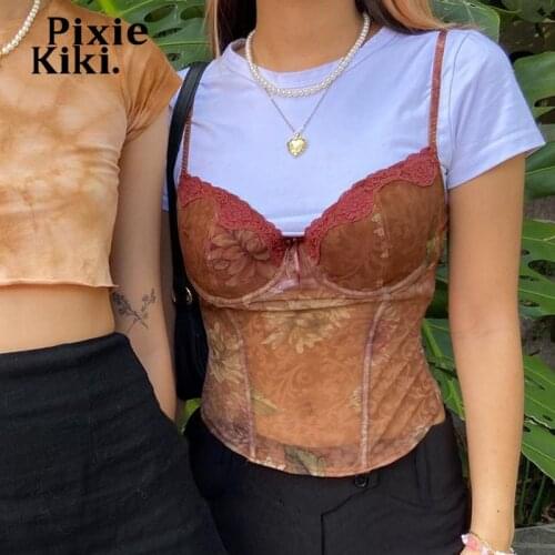 PixieKiki Fairy Grunge Brown Printd Mesh Sheer Crop Top Summer Clothes for Women Indie Aesthetic Bustier Corset Tanks P84-BD10