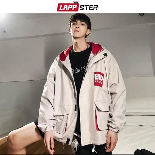 LAPPSTER Streetwear Bomber Cargo Jacket Men 2020 Mens Korean Print Windbreaker Hooded Jackets Male Hip Hop Coats Plus Size