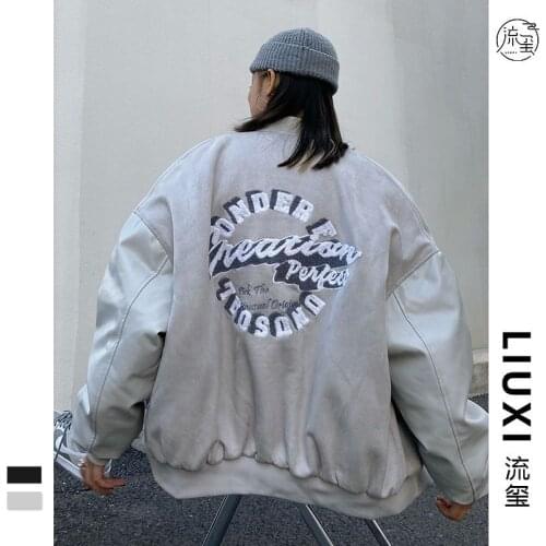Vintage jacket personality street bf flocking baseball uniform coat spring autumn new oversize sweet couple men women streetwear