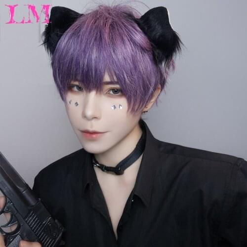 LM Black Mens Wig Short Straight Bangs 12" Synthetic Wigs For Male Boy Cosplay Anime Daily Party Wig Heat Resistant