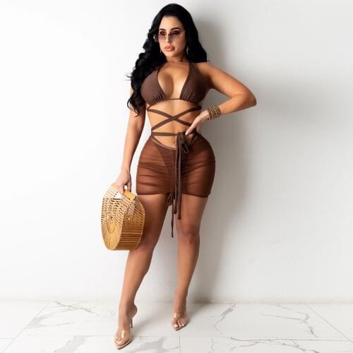 Neon Color Sexy 3 Piece Bikini Sets Summer Outfits for Women Criss Cross Backless Crop Top+underpant+bodycon Mini Skirt Fashion