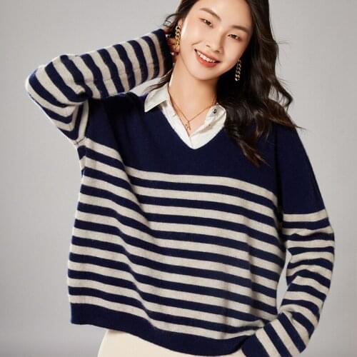 Autumn Winter High Quality 100% Cashmere Loose Sweater Oversize Womens Pullover Female V-Neck Knitted Striped Jumper Outerwear