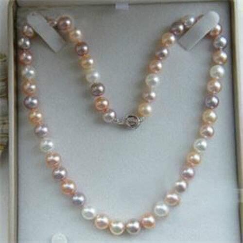 7-8mm Genuine Natural White & Pink & Purple Akoya Cultured Pearl Necklace 17"