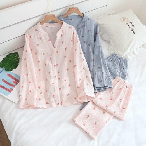 Pajamas Ladies Spring and Autumn Cotton Crepe Gauze Printed Long-sleeved Home Wear Womens Cotton Plus Size Pajamas Thin Suit