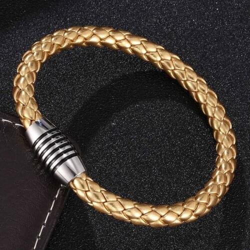 Luxury Round Combination Jewelry Gold Color Leather Bracelet For Men Leather Wristband Bangles New Year Gift BB0523J