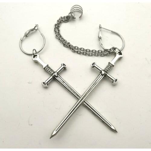Sword Ear Cuff with Chains,dagger, Punk,gothic,cool,Black Crystal Sword Earring,silver plated, Gothic Jewelry,Vampire Earrings