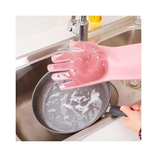1 Pair Kitchen Food Grade Silicon Dish Scrubber Rubber Gloves Cleaning Sponge Dishwashing Brushs Magic Silicone Gloves