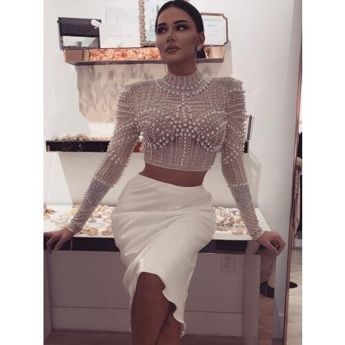 ADYCE 2021 New Summer Women 2 Two Pieces Sets Women Bodycon Long Sleeve Beading Sets Club Wear Celebrity Party Sets Vestidos